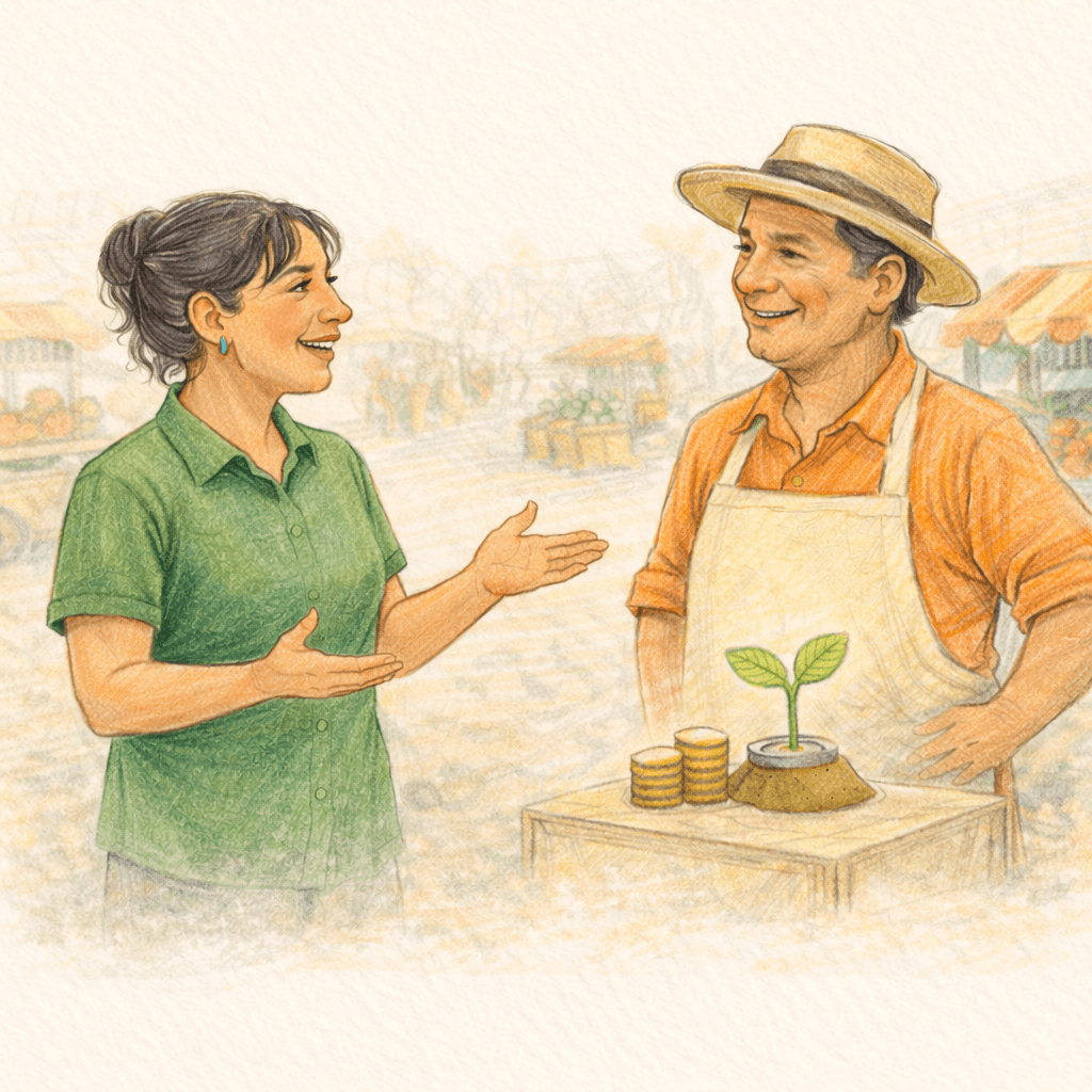 Dos personas conversando en un mercado
